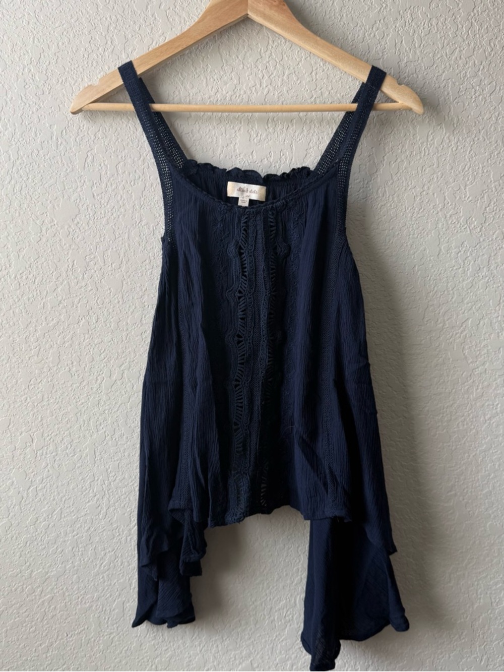 Altar'd State Navy Blue Flowing Lace-Front Tank Top